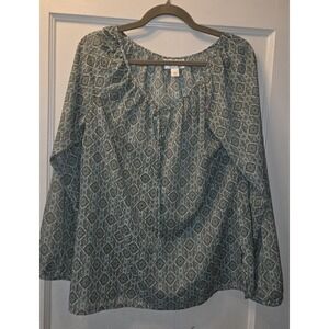 LOFT Blue Beige White Paisley Chiffon Pleated Scoop Neck 3/4 Sleeve Blouse 10